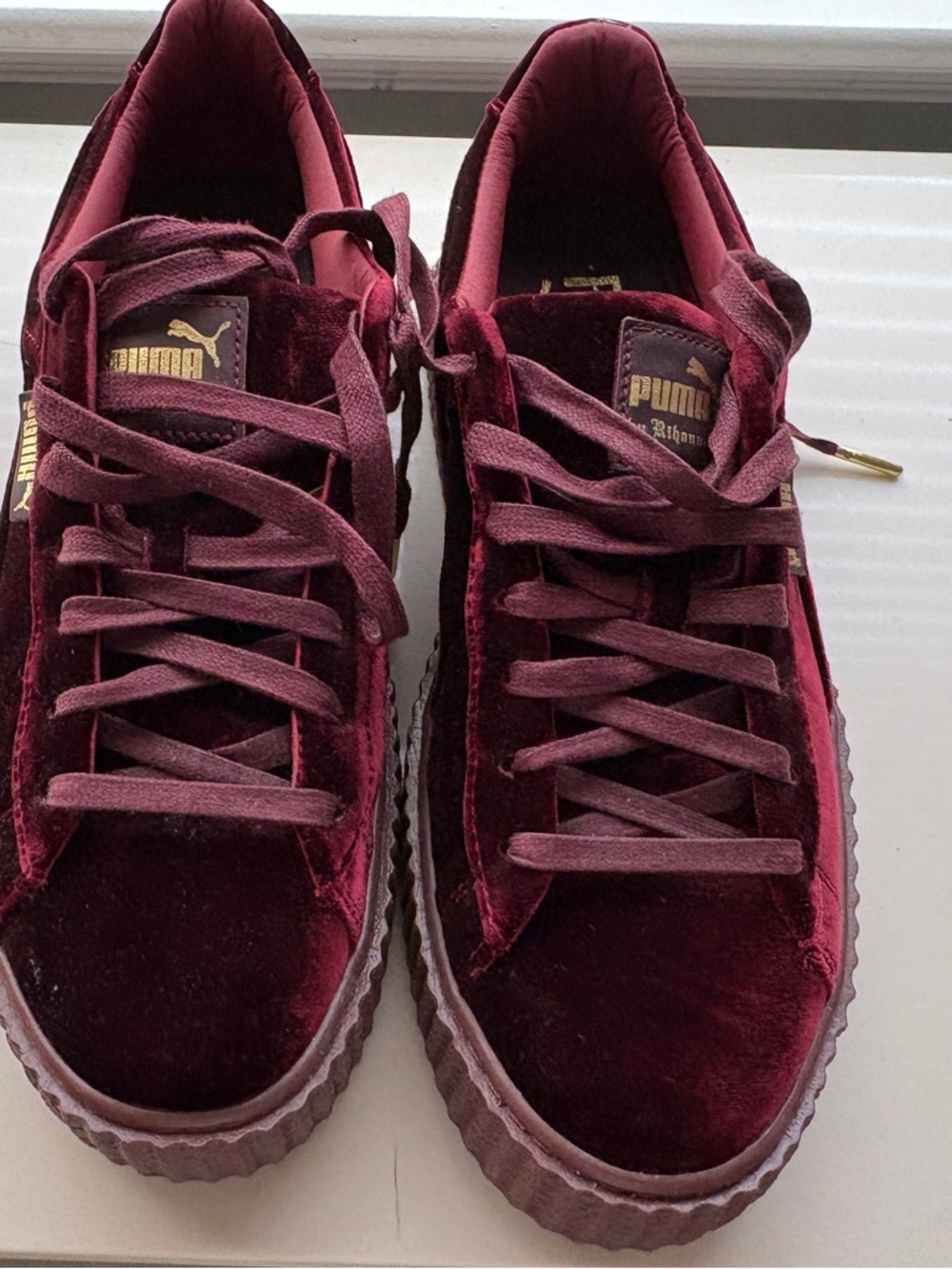 Puma Burgundy Velvet Platform Sneakers with Gold Logo